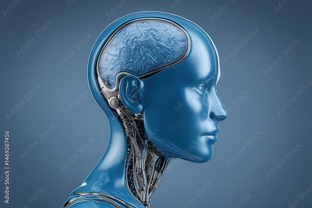 Poster ai-generated humanoid model showcasing a futuristic blue silhouette with a visible brain design feat
