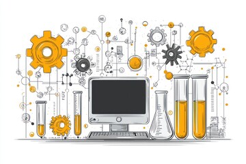 Science lab sketch with computer and test tubes.  A schematic representation of scientific research using a computer