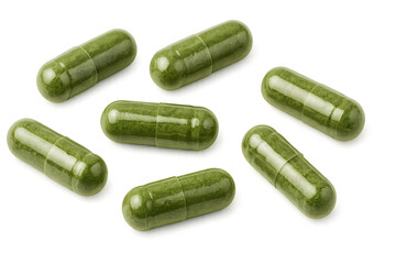 Green dietary capsules arranged on a surface, typically used for vitamins or supplements. Concept Green Dietary Capsules, Vitamin Supplements, Health and Wellness, Nutritional Products