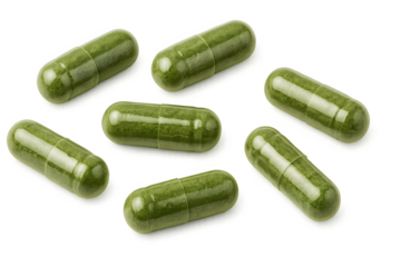 Green dietary capsules arranged on a surface, typically used for vitamins or supplements. Concept Green Dietary Capsules, Vitamin Supplements, Health and Wellness, Nutritional Products