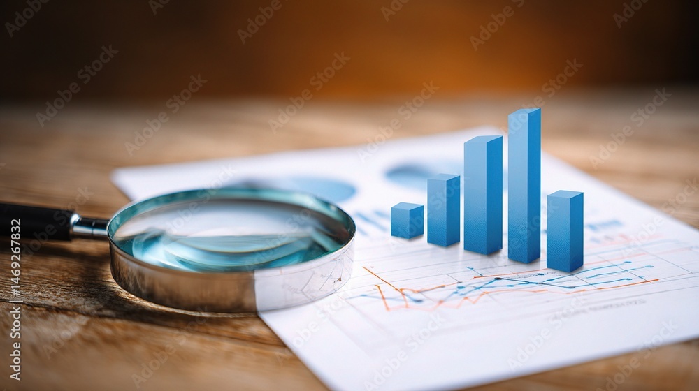 Poster analyzing business growth data with magnifying glass and chart