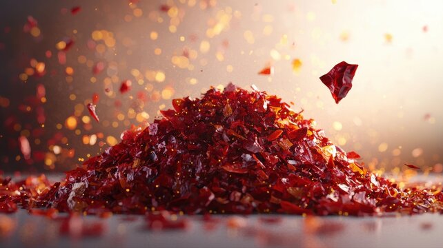Dynamic Pile of Crushed Red Pepper Flakes with Bokeh and Motion pile bokeh flakes crushed red pepper