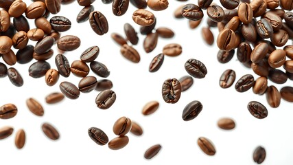 Roasted coffee beans falling down on a white background freshly brewed coffee concept