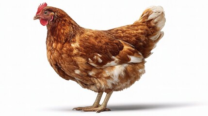 Full Body Isolated Brown Hen Standing Upright on White Background
