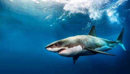 Fototapeta premium great white shark underwater closeup jaws open ocean depth blue water background space for text