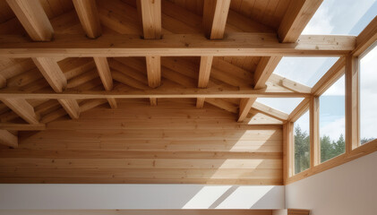 Fototapeta premium Traditional Wooden Roof Structure of a House with Visible Beams and Natural Texture