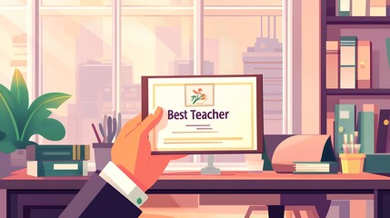 Fototapeta premium A hand holding a best teacher award certificate in an office with a bookshelf and city view