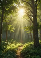 Golden sunbeams filter through lush green canopy, illuminating leaves ,  golden hour,  sunlight