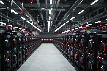 Datacenter Interior with Rows of Mining Rigs Dedicated to Cryptocurrency Workloads
