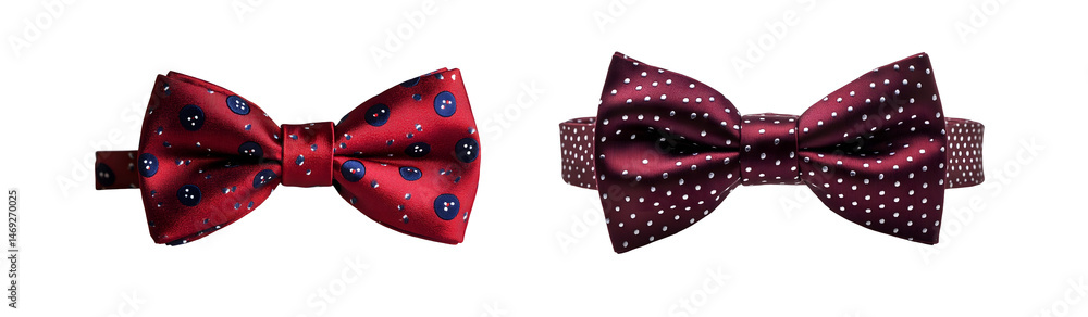 Poster set of bow ties, one red with a patterned design and the other a maroon with a polka-dot design.