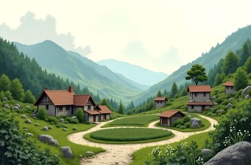 Peaceful Rural Village in Mountainous Landscape with Winding Road and Farmhouses under Clear Sky Background
