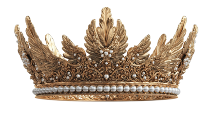 Png of An ornate golden crown adorned with pearls, showcasing intricate leaf patterns for a regal touch.