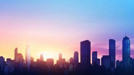 A city silhouette at dusk with towering skyscrapers and a glowing skyline, evoking a sense of urban life and energy.