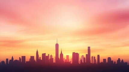 Obraz premium A city skyline silhouette with iconic landmarks and high-rise buildings, framed by a dramatic orange and pink sky at twilight.
