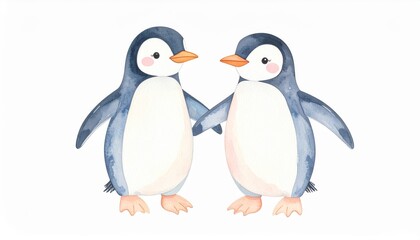 Naklejka premium Two Penguins Holding Hands - Adorable watercolor painting of two penguins holding hands, perfect for children's illustrations or winter-themed designs