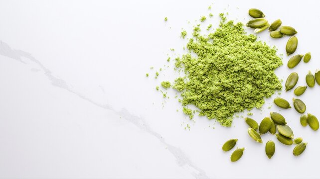 Healthy Green Pumpkin Seed Powder and Pepitas on White Marble pepitas powder healthy pumpkin seeds - Powered by Adobe