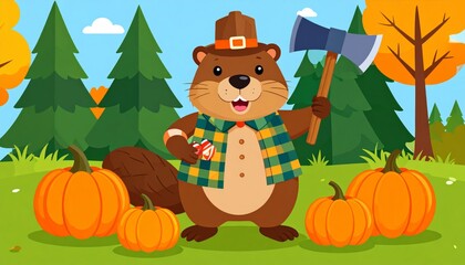 Naklejka premium Adorable Beaver Lumberjack with Pumpkins - A charming cartoon beaver, dressed in a lumberjack costume, smiles cheerfully amidst autumn pumpkins. It symbolizes harvest, autumn joy, woodland charm