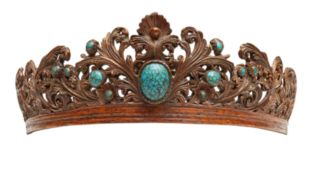 Png of An ornate vintage crown featuring intricate leaf designs and turquoise stones, showcasing craftsmanship and elegance.