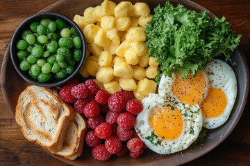 Plate with sunny-side-up eggs, toast, and fresh berries.