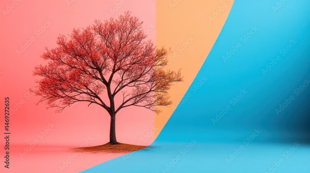 Poster old-school digital tree in pixel format centered on two-tone split screen background