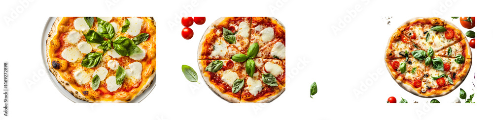 Poster set of whole pizzas with various toppings, photographed from a high-angle perspective and arranged i