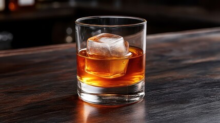 A close-up of a whiskey glass with a rich amber-colored liquid and a single ice cube, set against a dark wooden bar countertop