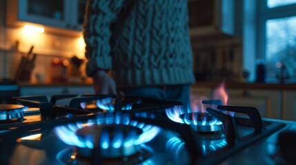 Bright blue flames from gas burners illuminate a cozy kitchen in the evening. Cooking with Gas During Cold Season