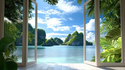 Open window framing a vibrant tropical island scene, inviting and relaxing