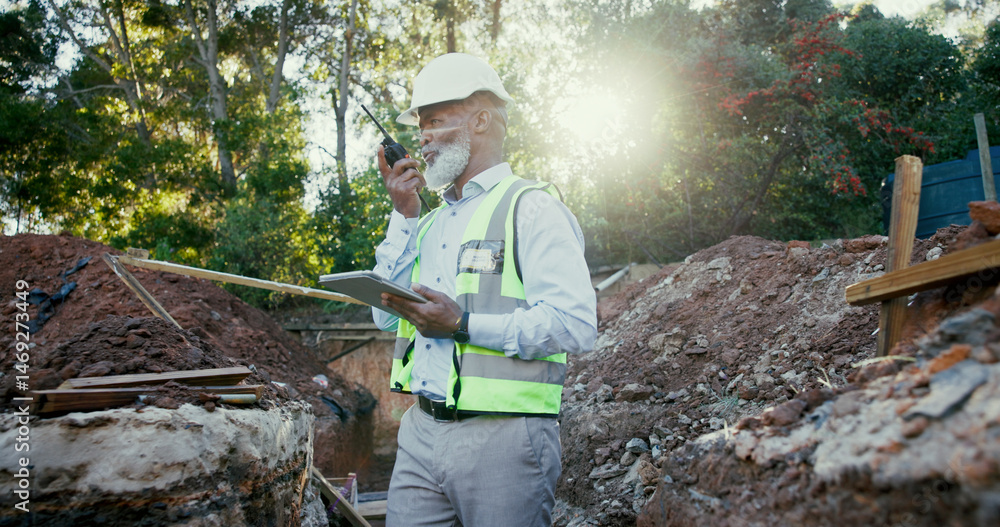 Poster building, radio and tablet with black man developer on site for communication or planning as constru