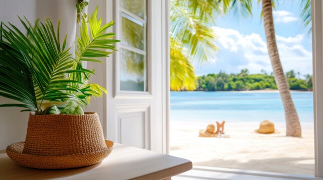 Fototapeta Paradise view of palm-lined beach seen from cozy interior through window