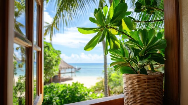 Fototapeta Paradise view of palm-lined beach seen from cozy interior through window