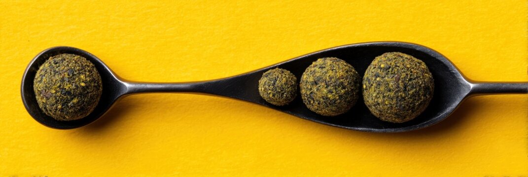 Three sizes of spice blend balls on a dark spoon contrasting against a vibrant yellow backdrop emphasizing culinary creativity and gourmet innovation captured with clarity
