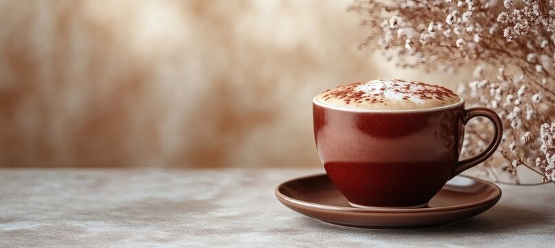 Maroon ceramic coffee cup with foamy top on matte saucer against neutral surface highlighting soft lighting comfort mood warm tones and tasteful beverage presentation,
