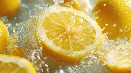 Close-up of Sliced Lemons Splashing in Water