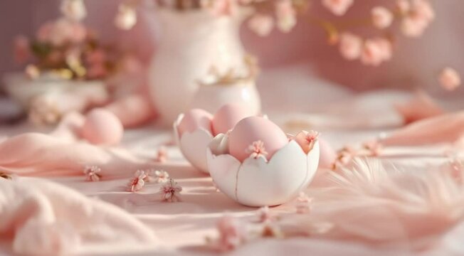 Pastel easter decor featuring pink eggs in eggshell holders with delicate flowers and soft textures