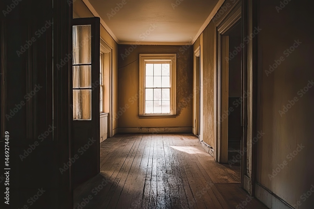 Poster empty hallway in an old house. sunlight streams through a window