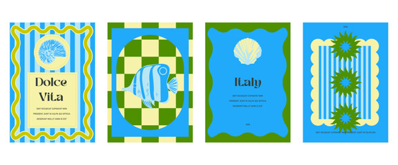 
Abstract summer posters in doodle art sketch style with elements: shells, fish and typographic design. Trendy summer design for branding, advertising, print, decor