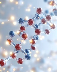 A close-up of a DNA double helix model with red and blue spheres connected by clear rods, set against a soft-focus background with blurred golden lights