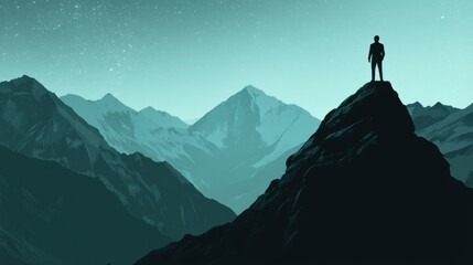 Obraz premium Lone figure atop mountain peak