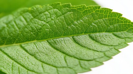 Obraz premium Close-Up of Sparkling Green Leaf on White Background