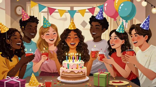 Diverse friends celebrating birthday with cake, balloons, and joyful laughter in festive setting