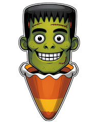 Frankenstein cartoon head popping out of a candy corn, stitched smile, big square teeth, childlike horror style Halloween Art