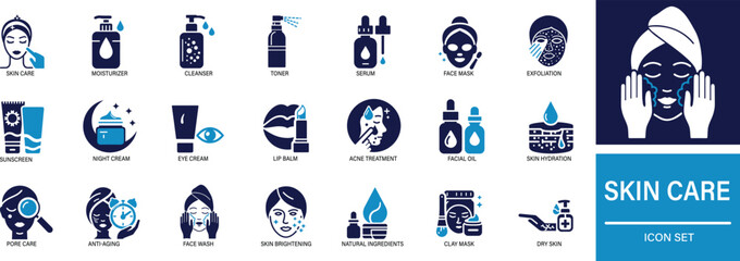 Skin care icon set. skin care, beauty, face mask, moisturizer, facial, cream, cleanser, spa, self-care, skincare routine