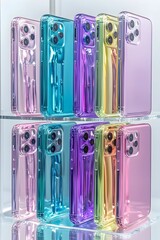 A display of eight colorful phone cases, showcasing various shades of blue, green, purple, pink, and yellow. The cases are arranged in two rows, showcasing different designs