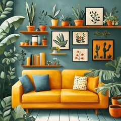 Line Art Modern Lounge with Indoor Jungle