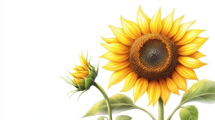 A detailed sketch of a sunflower with intricate petals, stems, and leaves, set against a white background.