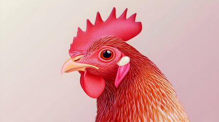 Closeup Portrait Of A Rooster Head In Red And Pink Colors
