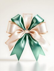 Naklejka premium A green and cream satin ribbon bow against a white background