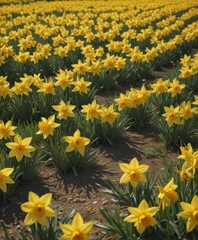 Fototapeta premium Vibrant yellow daffodils carpet a sunlit field , closeup, floral, golden