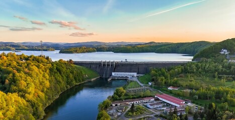 A panoramic view from a drone of the dam and Zalew Solina, called the Bieszczady sea, an artificial reservoir created by damming the waters of the San River